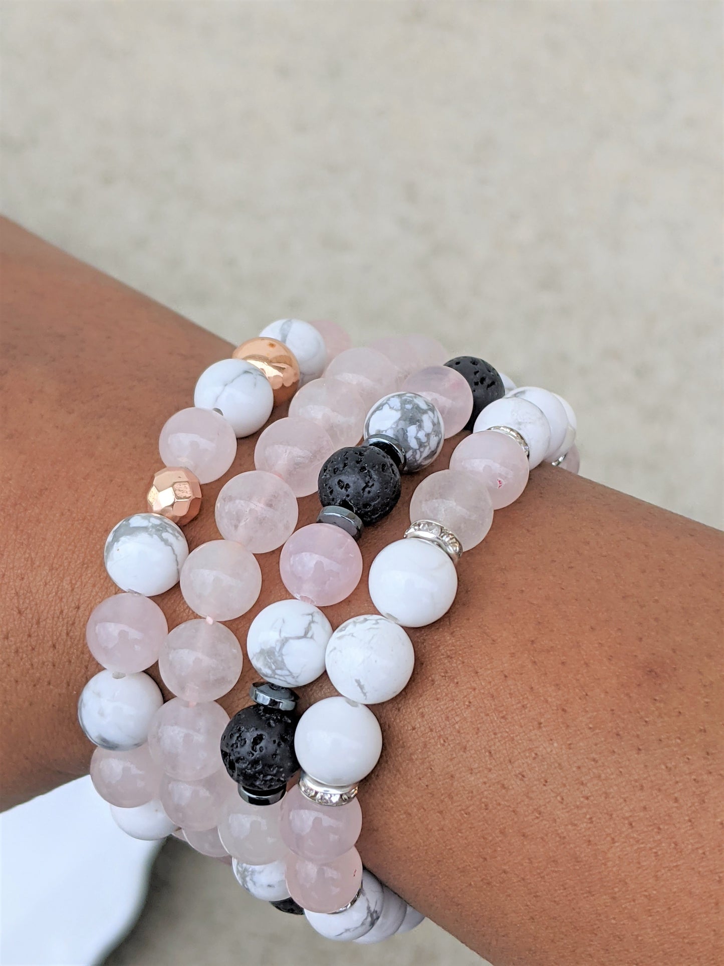 Rose Quartz, White Turquoise, Hematite, Lava Stone Mix Bracelets