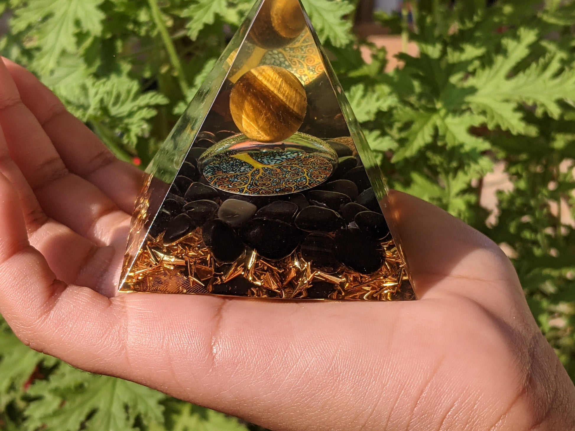 Pyramid - Tiger’s Eye & Obsidian Wisdom Transformation Good Health Orgone Pyramid