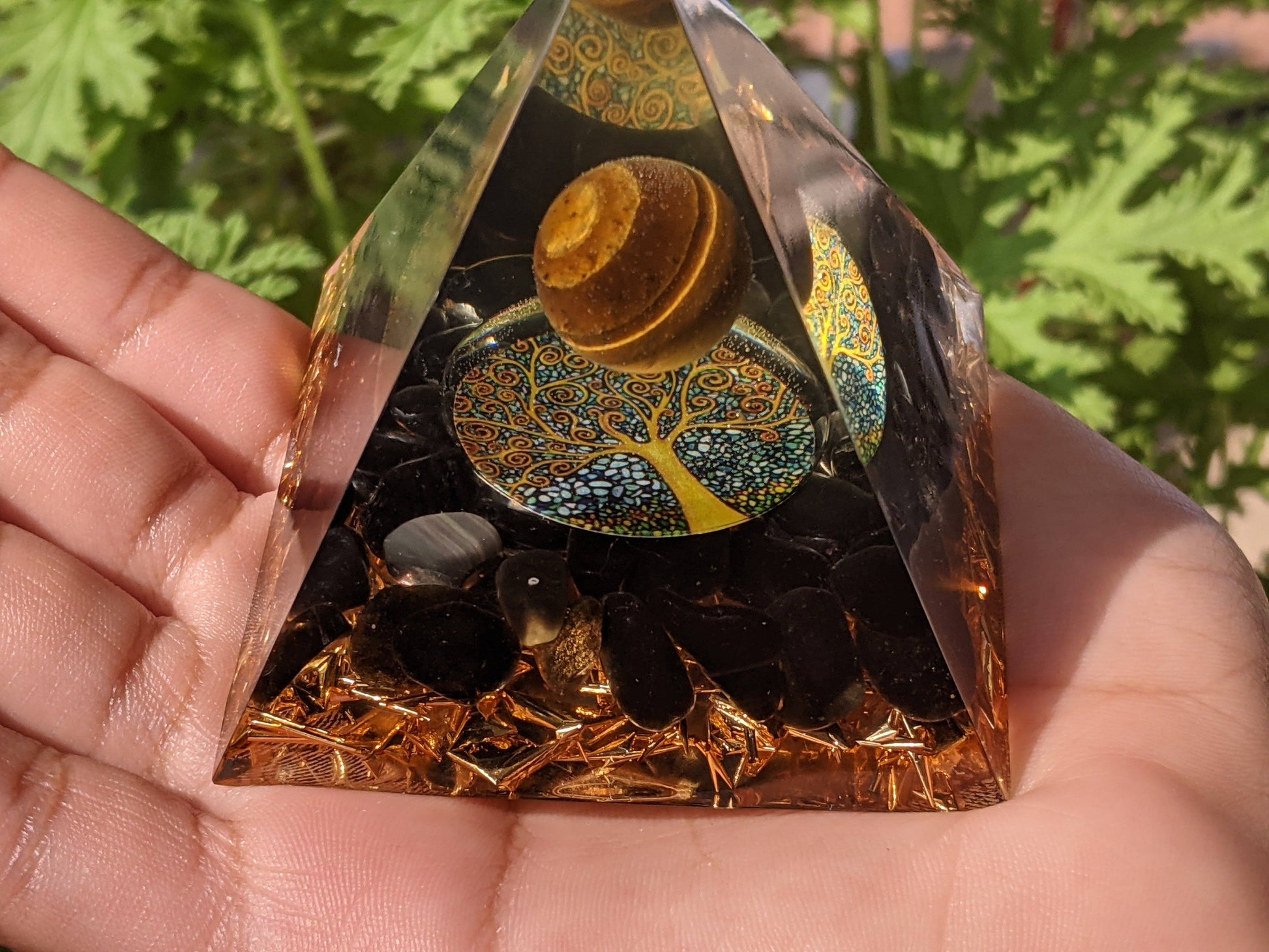 Pyramid - Tiger’s Eye & Obsidian Wisdom Transformation Good Health Orgone Pyramid