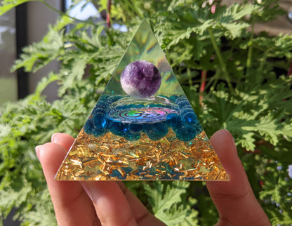 Amethyst Sphere Om Clarity & Self Connection Orgone Pyramid - Healing pyramid for yoga lovers